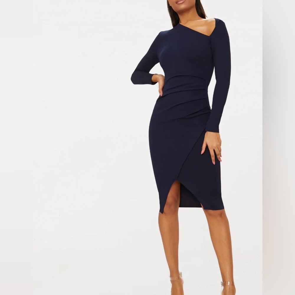 Navy Asymmetric Neck Pleated Wrap Midi Dress